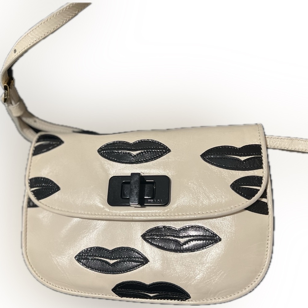 Prada Black and Cream Lips Madras Crossbody Bag - Picture 3 of 9